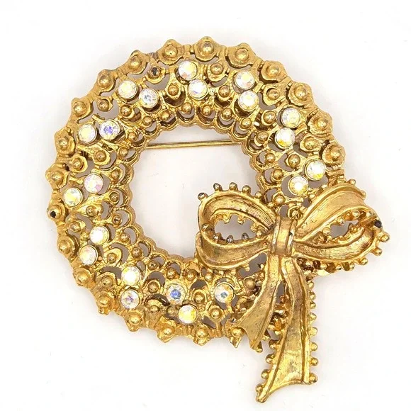 Vintage Tancer II Gold Tone Wreath Brooch AB Crystal‎ Rhinestones Bow Christmas