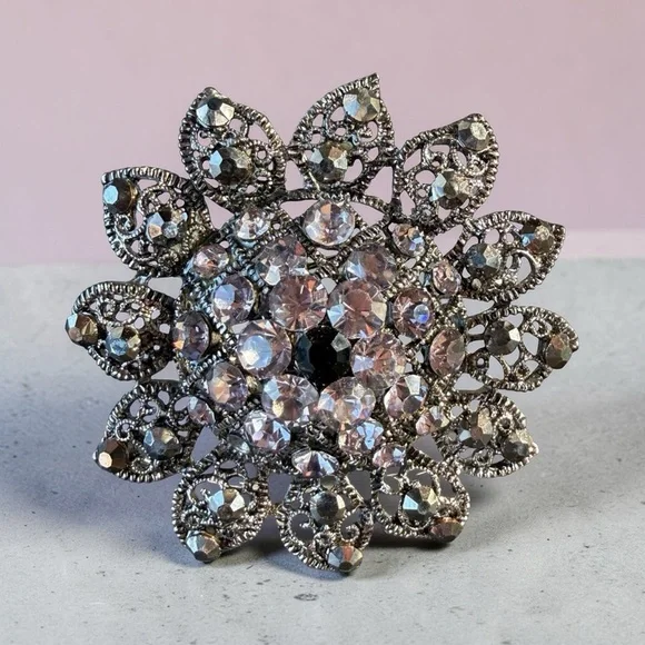 Vintage Large Rhinestone Brooch with Smoky Crystal Gunmetal Filigree