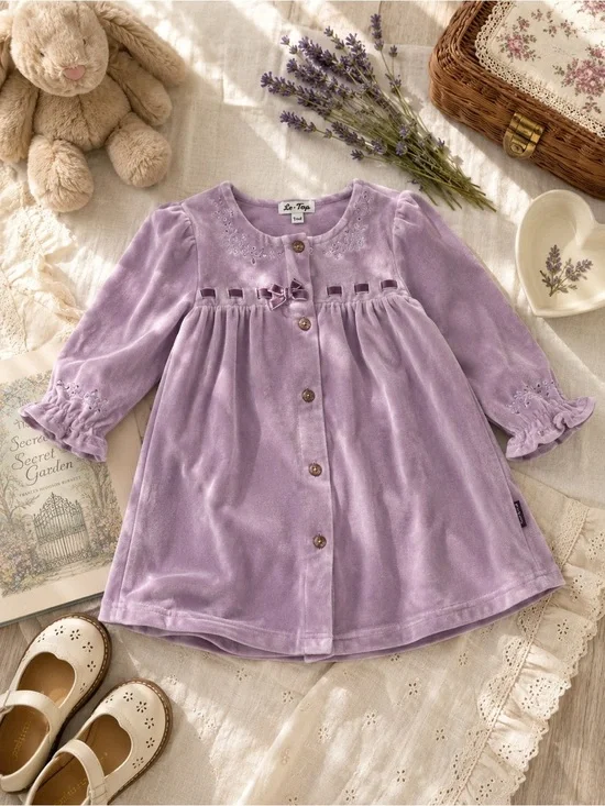 Vintage Le Top Lavender Purple  Velvet Button-Front Girls Dress