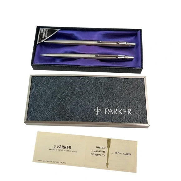 Vintage Parker Stainless Steel Pen Pencil Set In Box Ballpoint Mechanical USA