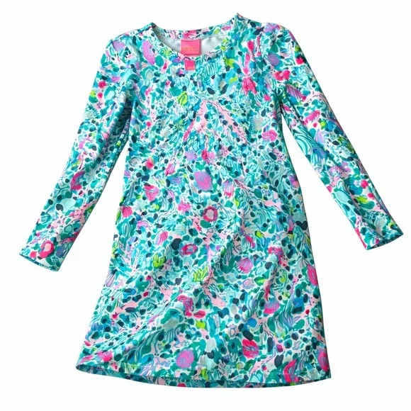 Lilly Pulitzer Girls Dress L‎ 8-10 Blue Pink Cotton Blend Diann Coastal Aquatic