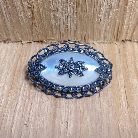 Vintage Judith Jack Sterling Marcasite Oval Brooch