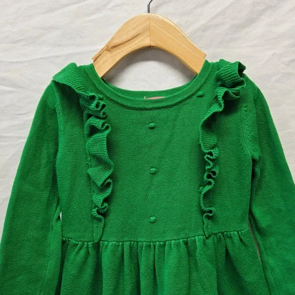 Lilly Pulitzer Sweater Dress Kids XS 2-3T Green Ruffle Pom Pom Long Sleeve