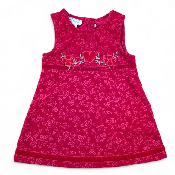 Samara Toddler Girls Corduroy Jumper Dress Red Heart Floral Applique 3T