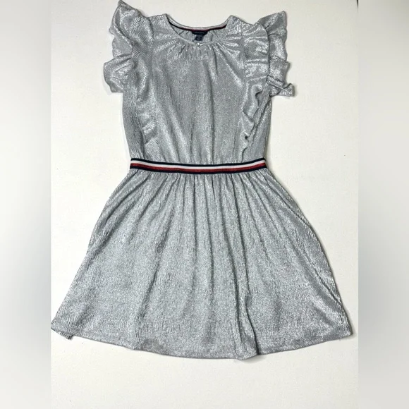 Tommy Hilfiger Girls Silver Metallic Dress with Ruffle Detail Size 16