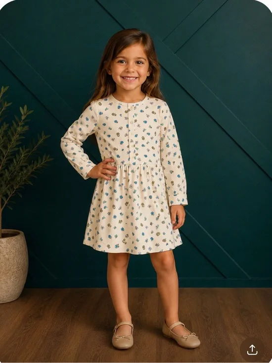 Tea Floral Long Sleeve Dress Size 5 Cream Blue Button Front Twirl Cottagecore