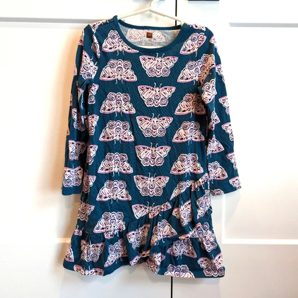 TEA butterfly print ruffle hem long sleeve dress size 6
