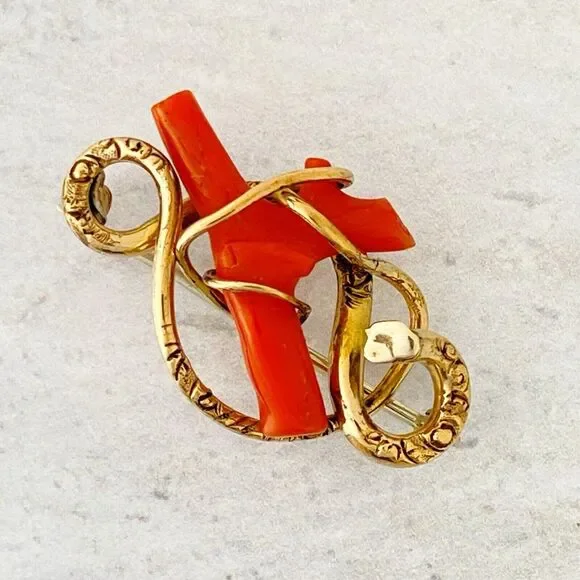 Antique Victorian Coral Branch Brooch In Gold Filled Snake Form Nice 1.5