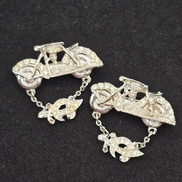ORA Motorcycle Brooch Pins 2pc Silver Tone Clear Rhinestone Biker Mason Sword