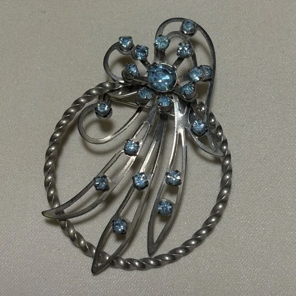 Vtg Fancy Silver Light Blue Rhinestone Brooch