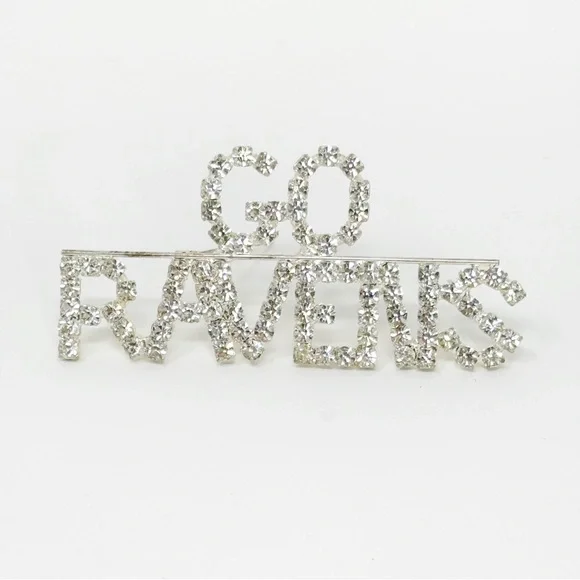Vintage Clear Rhinestone Go Ravens Brooch