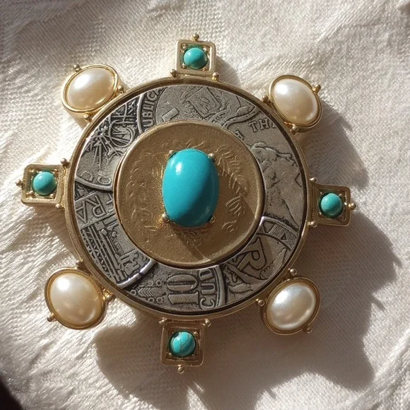 Nwot Chicos Isabella faux Turquoise and faux pearl coin two toned Brooch