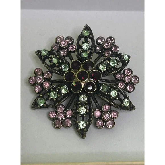 VTG Style Pink Green Ruby Rhinestone Floral Sunburst Brooch Antiqued Brass#737