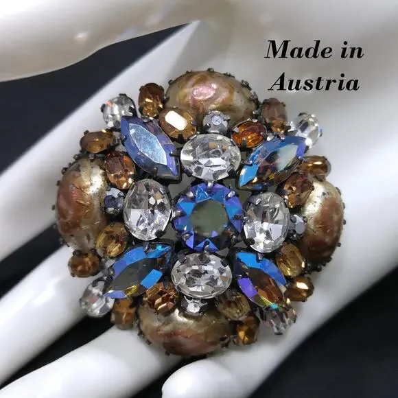 Austrian Brooch, Topaz Clear Rhinestones, Faux Baroque Pearls, 1950s Vintage