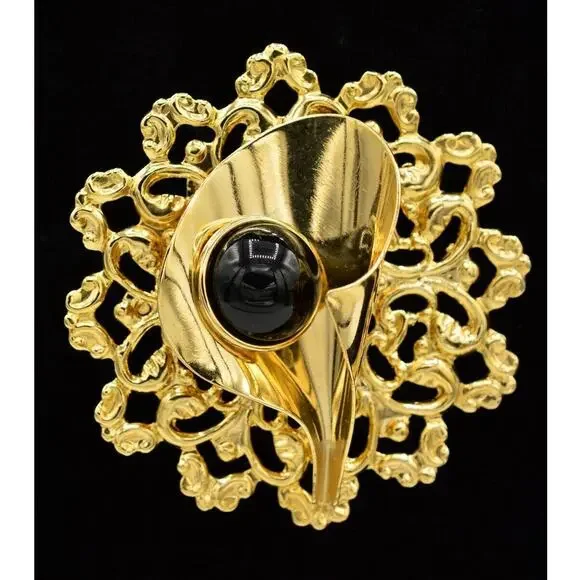 Vintage Cabochon Pin Brooch Gold Metal Black Chunky Art Deco NOS Bold 1980s 9B
