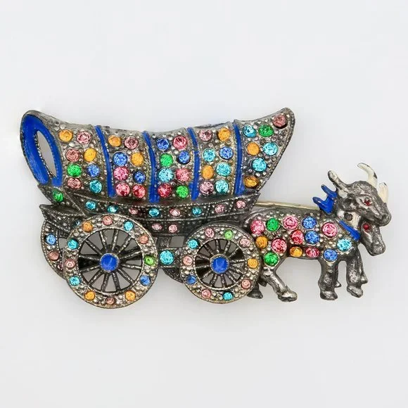 Vintage Mechanical Covered‎ Wagon With Oxen Multicolor Rhinestone Brooch 1930s