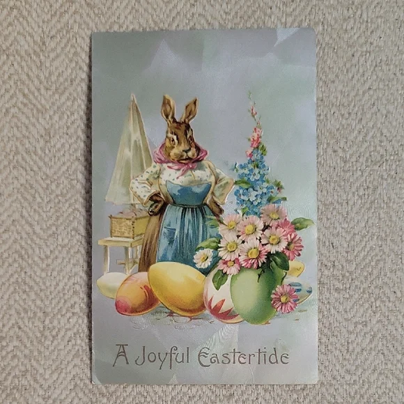 Vintage Easter Card with Mother Bunny and Colorful Eggs And Flowers