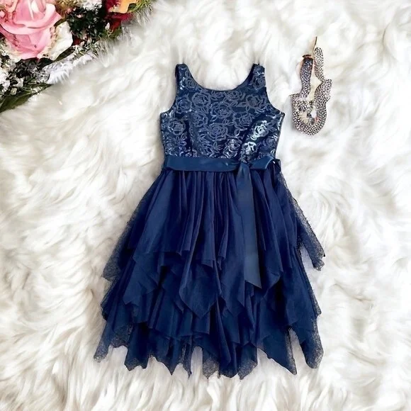 Zunie Navy Blue Sequin Top Ruffle Tulle Skirt Dress Bow Front Girls Size 8 NWT