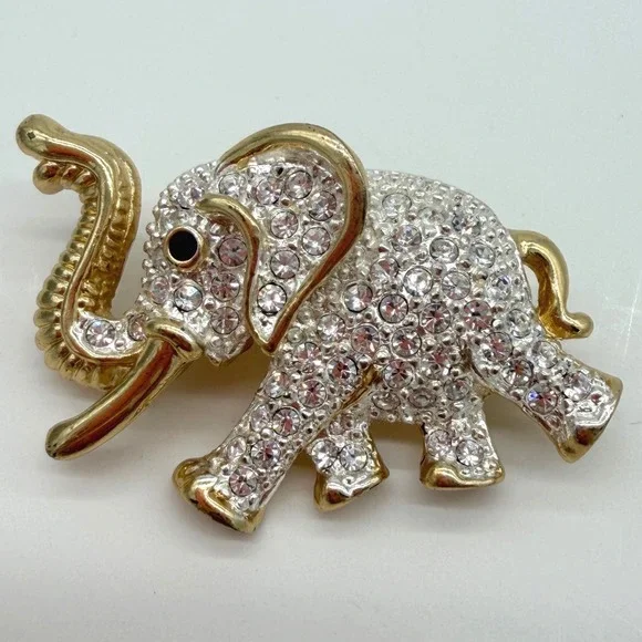 Roman Elephant Brooch Gold Tone Clear Rhinestone Pave‎ Small Signed Vintage