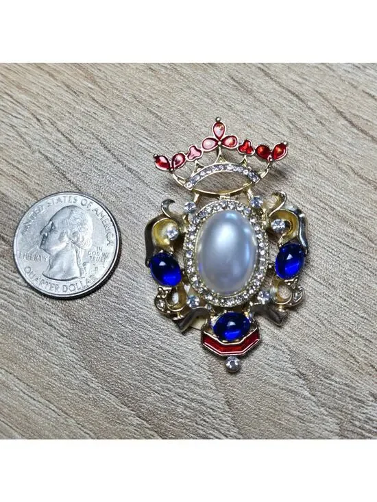 Regal Faux Pearl & Gem Crown Brooch