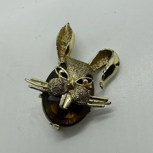 Mischievous Gothic Bunny Gold and Brown Rabbit Brooch Costume Jewelry