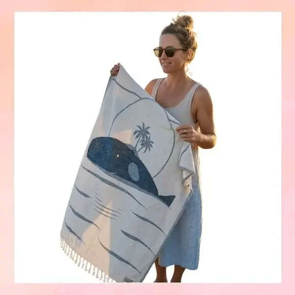 Ocean Breeze Whale & Palm Tree Fringed Beach Towel / Throw