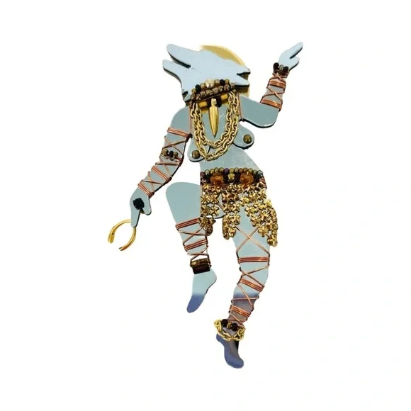 Vintage Liztech ‘94 Dancing Wolf Shaman Mirrored Brooch with Copper Wire Detail