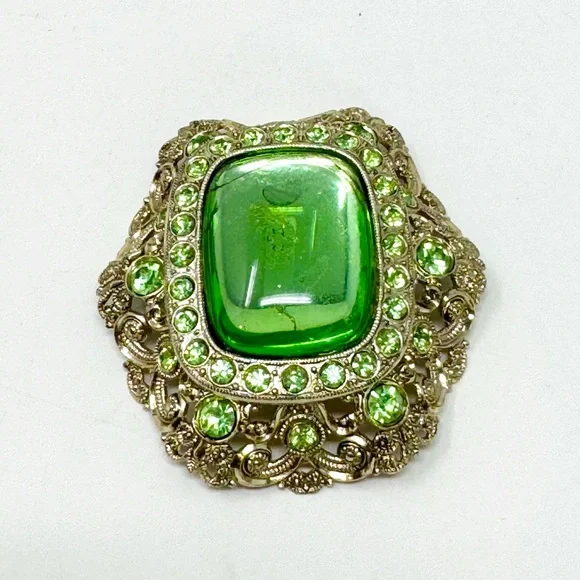 West Germany Pale Green Victorian Style Vintage Brooch Very Lightweight Metal