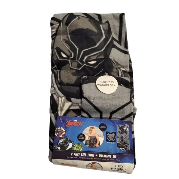 New Marvel Avengers Black Panther Kids Bath Towel & Washcloth Set 2 PC