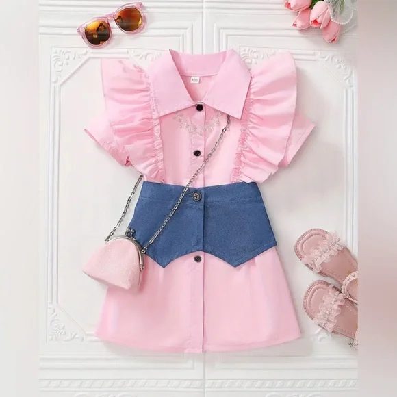 Toddler Girls Short Sleeve Ruffle Trim Button Casual Denim Spliced Shirt Dress