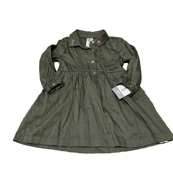 Carters Dark Green Olive Long Sleeve Baby Dress 9 Months Embroidered Holiday NEW