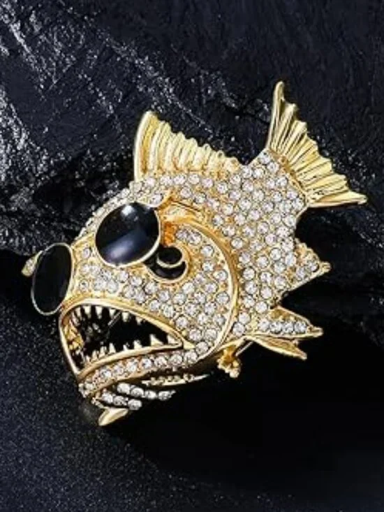 Piranha Fish Brooch with Sunglasses Pin Gold Tone Cubic Zirconia Rhinestones