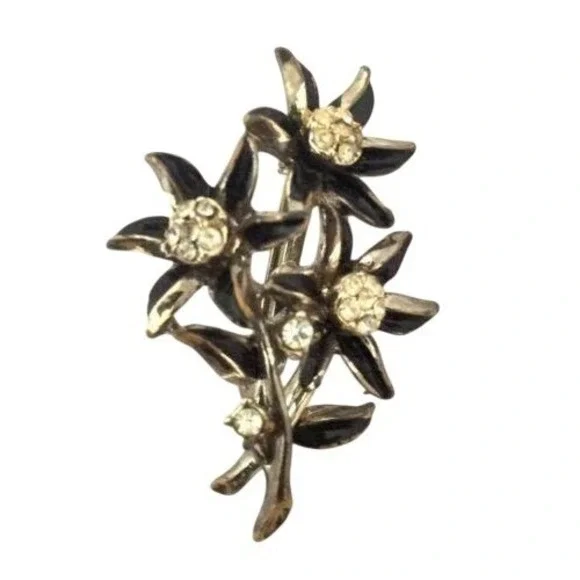 Vintage Old Black Enamel Flowers Clear Rhinestone Silver Toned Brooch Pin‎