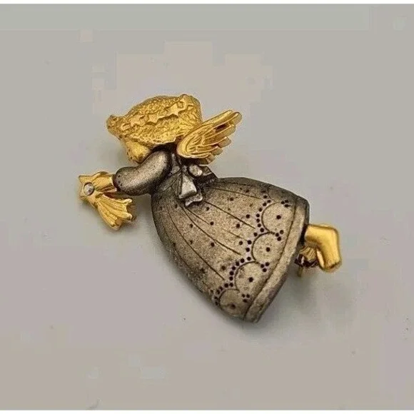 Vintage Danecraft Angel Pin  Wishing On A Star Rhinestone‎ Gold Silver Tone