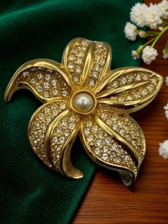 Dior Gold Plated Crystal Flower Brooch with Pearl Center