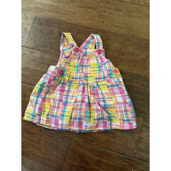 Vintage OshKosh Bgosh Baby Girl 6 Months Plaid Overall Jumper Dress Pink Blue