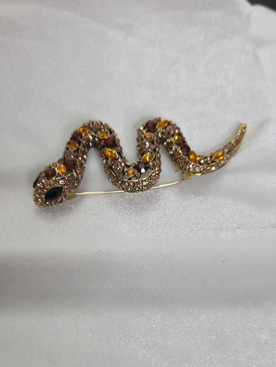 Women's Large Rhinestone Snake Brooch Pin Orange Amber Gold Rhinestones Elegant