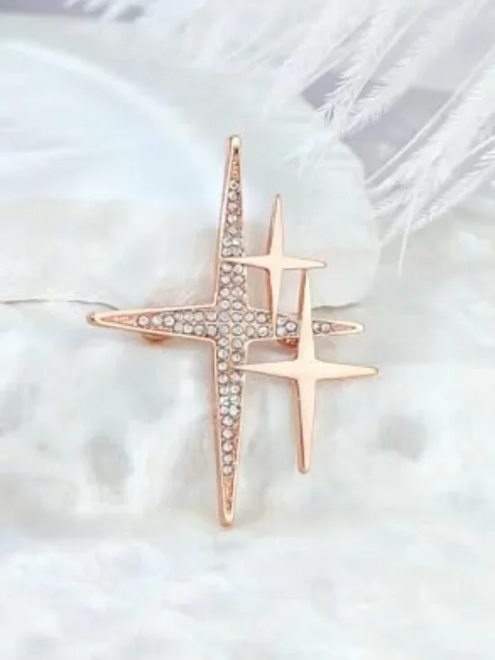 New - Gold Plated Cross Star Lapel Brooch Pin for Women Cubic Crystal Starburst
