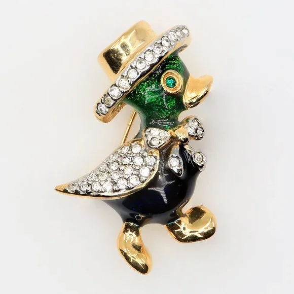 Vintage Puccini Green & Blue Enamel Rhinestones Duck & Hat‎ Figural Brooch 1970s
