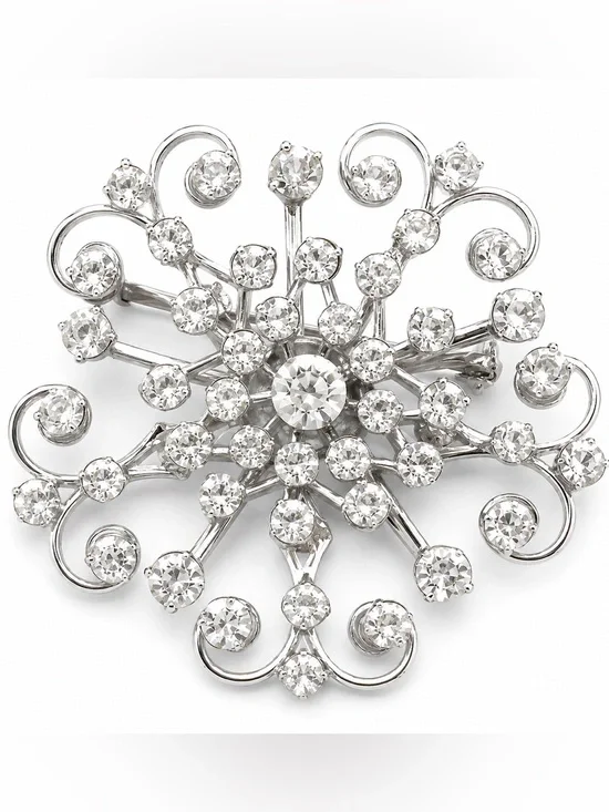 Vintage Clear Rhinestone Snowflake Starburst Brooch Silver Tone Pin