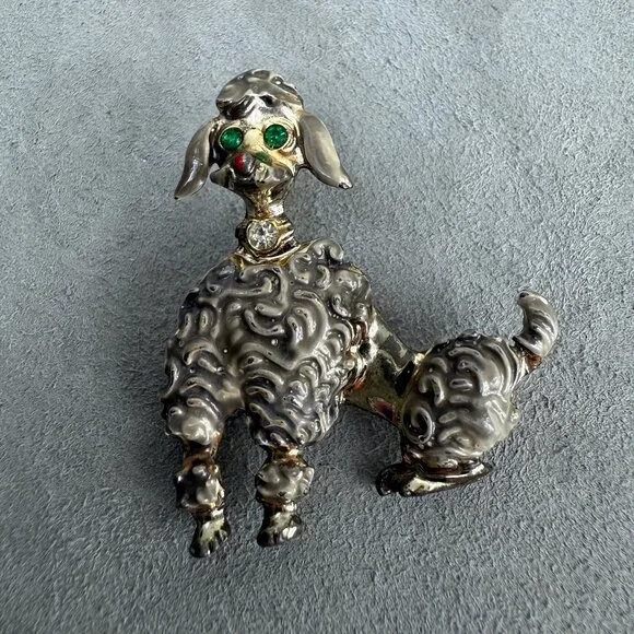 Vintage 50s Silver Tone Poodle Brooch w/ Enamel & Green Rhinestone Eyes