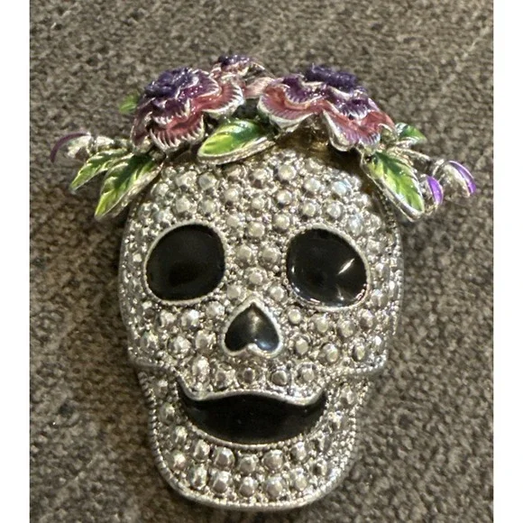 Napier Pin Brooch‎ Halloween Day Of The Dead Sugar Skull W/ Purple Rose Crown