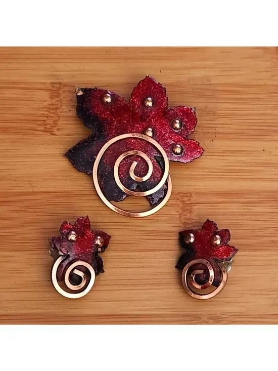 Vintage MATISSE Copper Enamel Red Maple Leaf Brooch & Earrings Set Mid Century