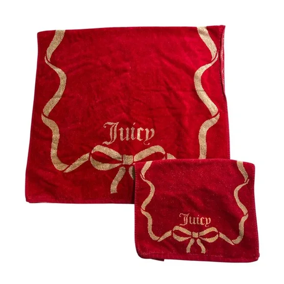 Juicy Couture Red‎ Gold Bow Towel Set Hand Towel Washcloth Cotton Viscose Home