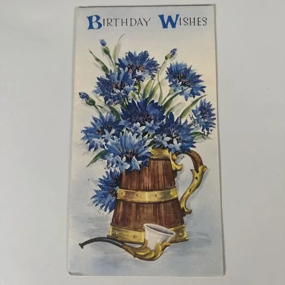 Vintage Birthday Wishes Card Blue Flowers Glitter Famous Artists Studios Floral