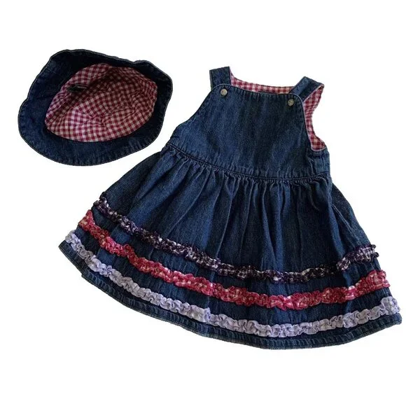 Potato Tomato Girls Size 9M Dress Denim Plaid Tiered Ruffle Dress and Hat Set