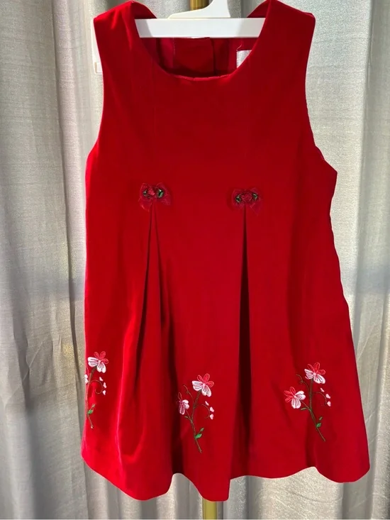 Rare Editions Girls Dress Size 5 Sleeveless A Line Red Velvet Embroidery Flowers