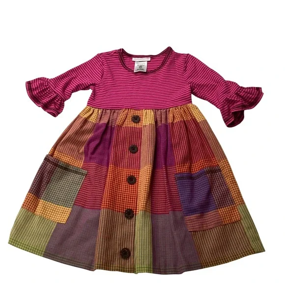 Bonnie Jean Girls 4T Mixed Media‎ Patchwork Plaid Striped Dress Ruffle Sleeve