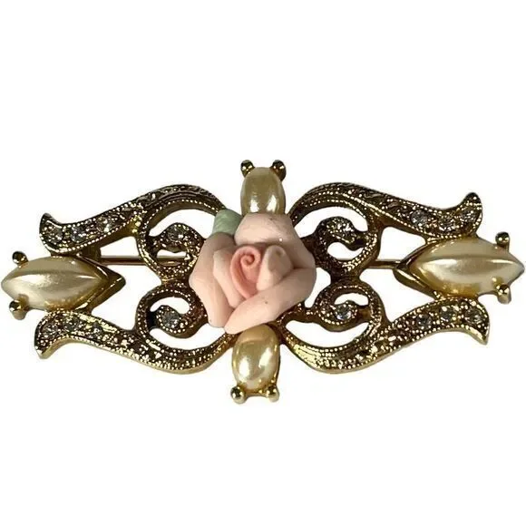 Vintage Gold  Pink Rose Faux Seed Pearl Brooch Pin Ceramic‎ Flower