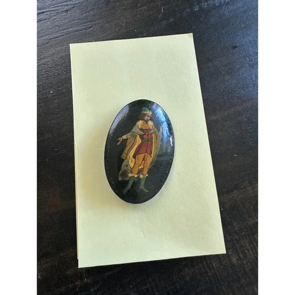 Vintage Enamel Pin Figural Man in Costume Brooch Oval‎ Black Base EUC